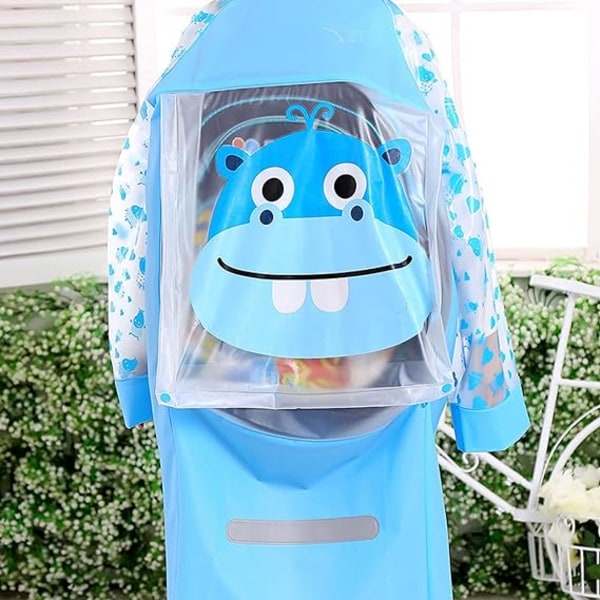 Unisex søt blå flodhest regnfrakk for barn (passer for høyde 120-130cm), 3D kreativ hetteponcho for gutter og jenter vanntett svøpesett PVC
