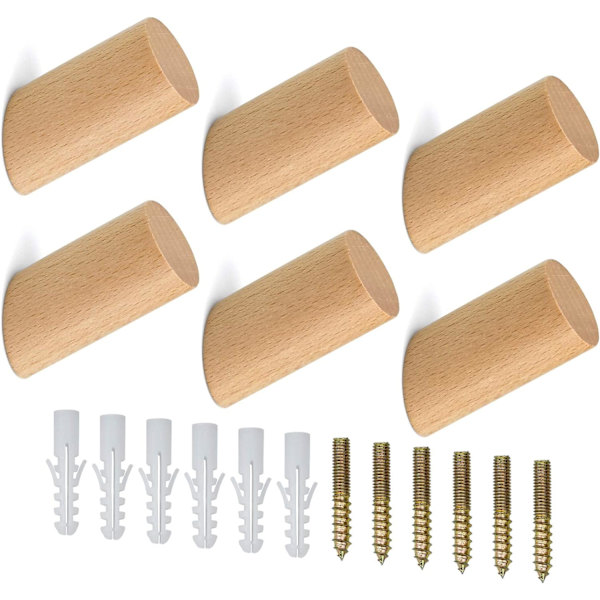 6 Stykker Træ Knager Væg Knage Træ Cylinder Knage med 6 Skruer til Ophængning af Tøj Hatte Tørklæder Soveværelse Entré Stue