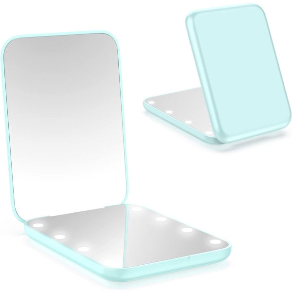 LED-belyst resespegel, rund, cyanförstorad kompakt spegel, bärbar för handväska, ficka, 8,5 cm upplyst hopfällbar spegel, två bärbara speglar