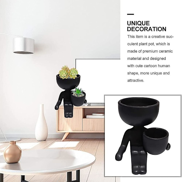 Humanoid Keramisk Blomsterpotte Plante Sukkulent Blomsterpotter Kreativ Blomsterpotte Black side