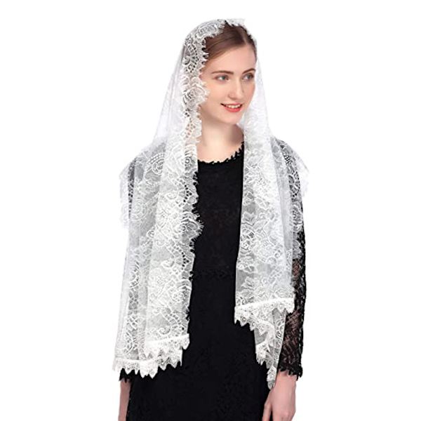 (Hvid) Katolsk Kapel Slør Spansk Blonde Blomster Mantilla Slør Wrap Sjal Messe Hovedbeklædning Rektangulær Form