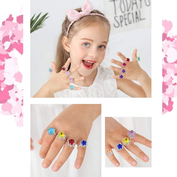 36 st (litet hänge) Justerbara ringar för liten flicka i kartong, smyckesringar för barn barn set med hjärtformad case, låtsaslek och klänning