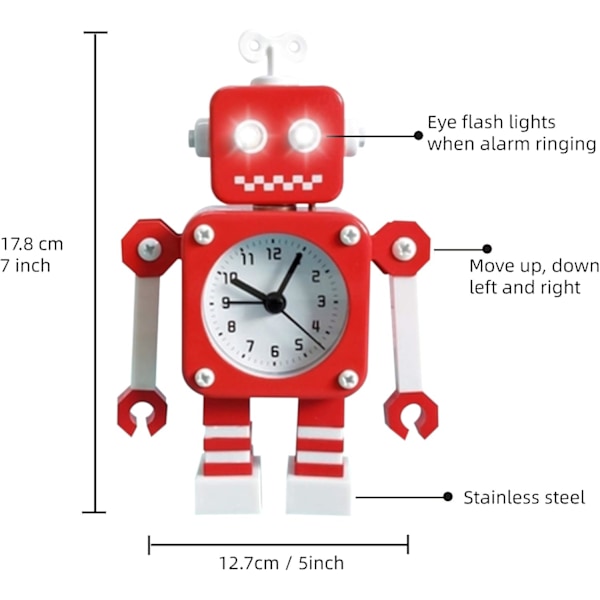 Röd Vit Robot Väckarklocka, Tyst Väckarklocka i Rostfritt Stål med Blinkande Ögon och Roterande Arm, Present till Barn
