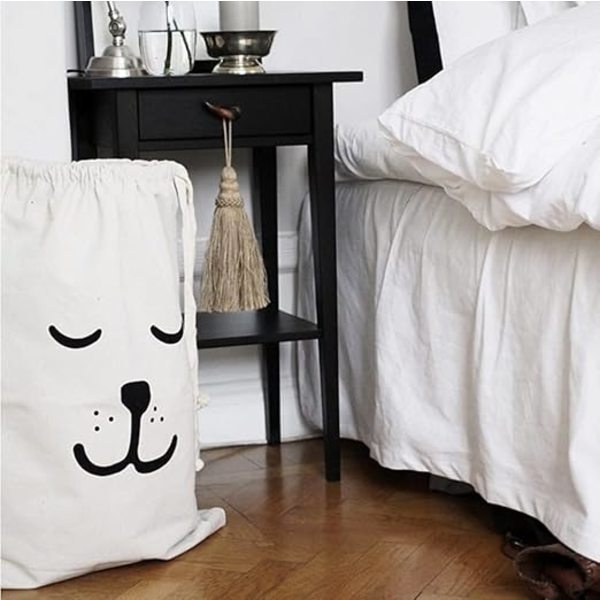 Vaskepose 2 stk Stor Lerretspose 46*62cm med Snøring, Oppbevaringspose for Klær, Leker, Reise, Familie Vandring, Sovende og Smilende Bjørn