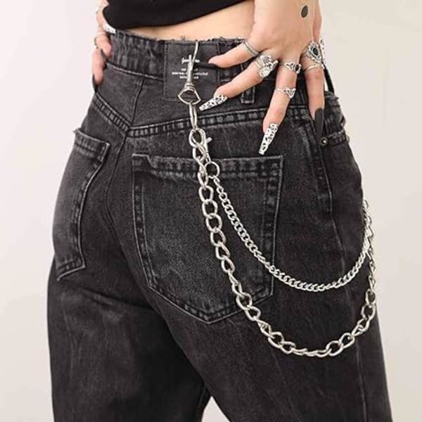 (Sølv) Hip Hop Bukser Jeans Kæde Goth Punk Sølv Bukser Kæder Biker Tung Tyk Pung Lomme Kæder Sølv Nøgleringe Kropssmykker til Mænd og Kvinder