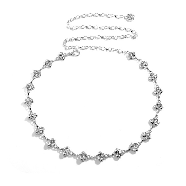 Metal kædebælte (sølv), enkelt række krystalbesat diamant kropskæde, damekæde, lang kjolebælte, krystalbælte, vand diamant bred damebælte