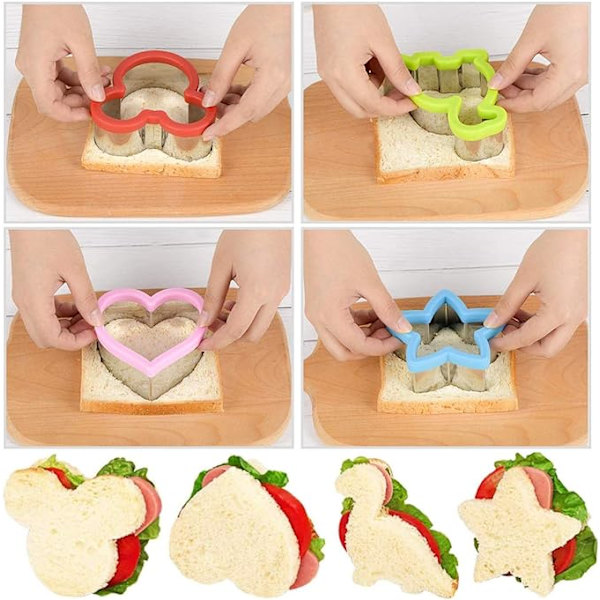Morsom 4-delt sandwichform for barn, inkludert Mikke Mus, dinosaur, stjerne, hjerte og 8-delt frukt- og grønnsaksform til høytider.