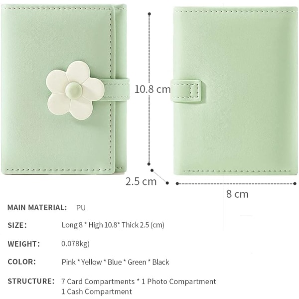 Söt liten plånbok för tjejer Kvinnor Trevikt plånbok Kontantficka blommor PU- print Korthållare Myntväska med ID-fönster (grön)