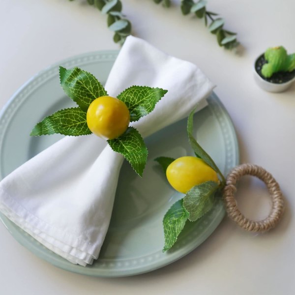 Handgjorda Servettringar (Citron) Set om 4, Gul Faux Citron med Vinranka Servettring för Bröllop, Middagsbjudning, Bankett, Servett för Jul, Thanksgiving