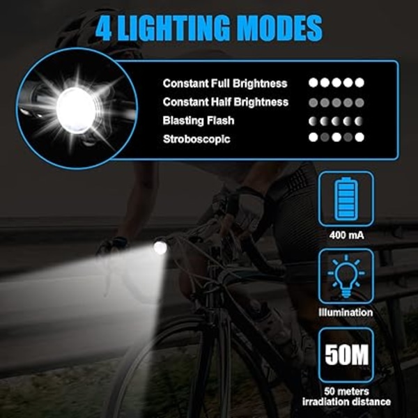 LED Cykellygte, Genopladelig For- og Baglygte, Cykellygte Sæt USB Belysning Stødsikker Vandtæt Forlygte LED Cykellampe til MTB VTC