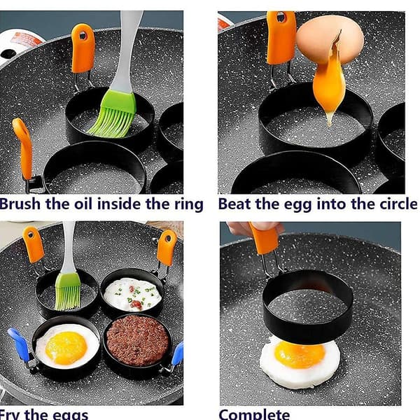4 stk. Eggering Egg Stekeform Omelett Crumpet Ring Rundt Rustfritt Stål Med Silikonhåndtak Blue