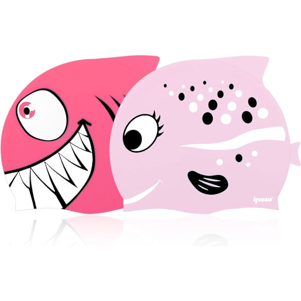 2 STK Vandtæt Silikone Badehætte til Børn Haj Lys Pink Polka Dot Fisk + Pink Stor Mund Hvidtandet Haj