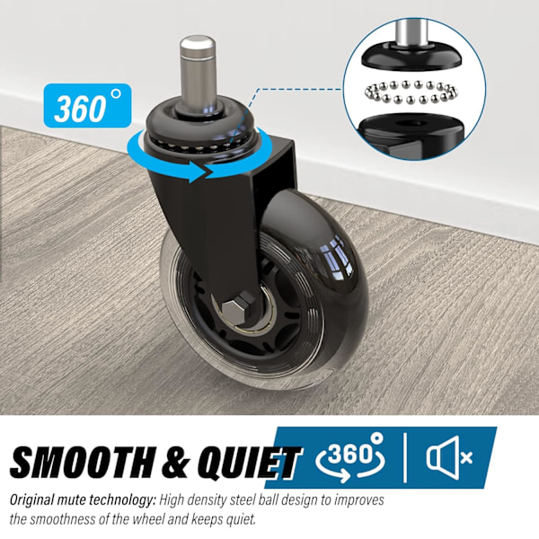 Kontorstol Hjul Trinse 3\" Rollerblade Gummi Erstatning Trinser opptil 300KG for Harde Gulv og Tepper - Universal Passform, Ikke for IKEA