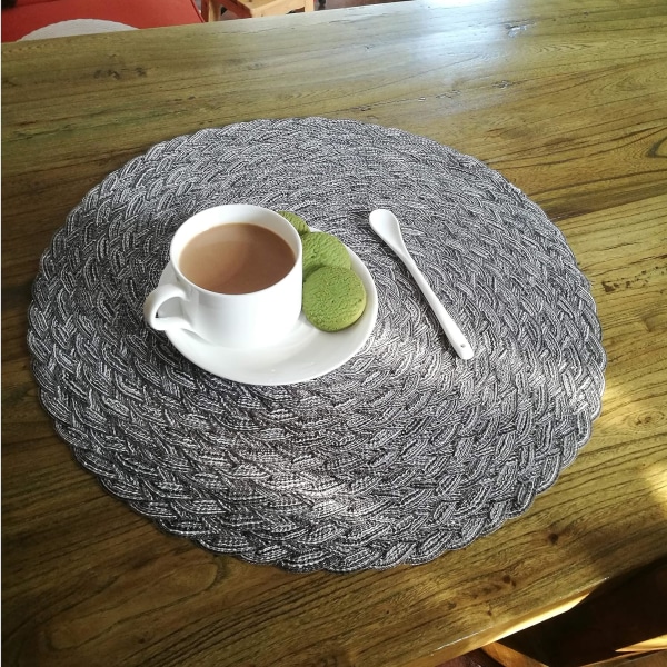 Runda bordstabletter Värmebeständiga fläckbeständiga halkskyddande tvättbara bordsunderlägg i polypropen (set med 6 st, flätad-grå)