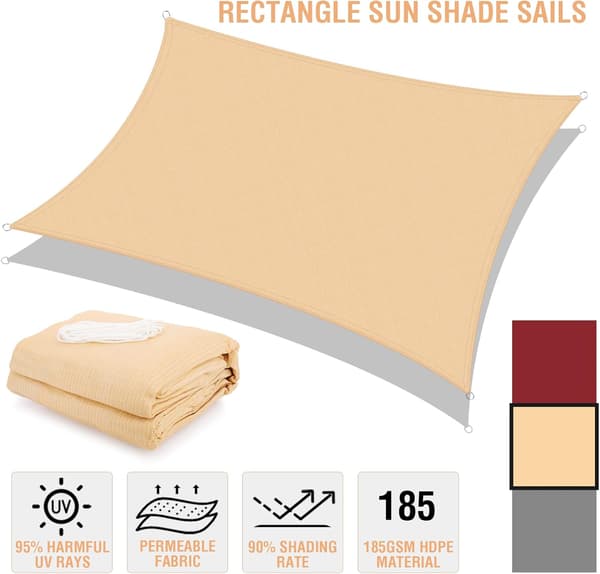 Rektangulär skuggskydd 2x3m UV-skydd 185g/m² HDPE för terrass utomhus trädgård balkong, sand