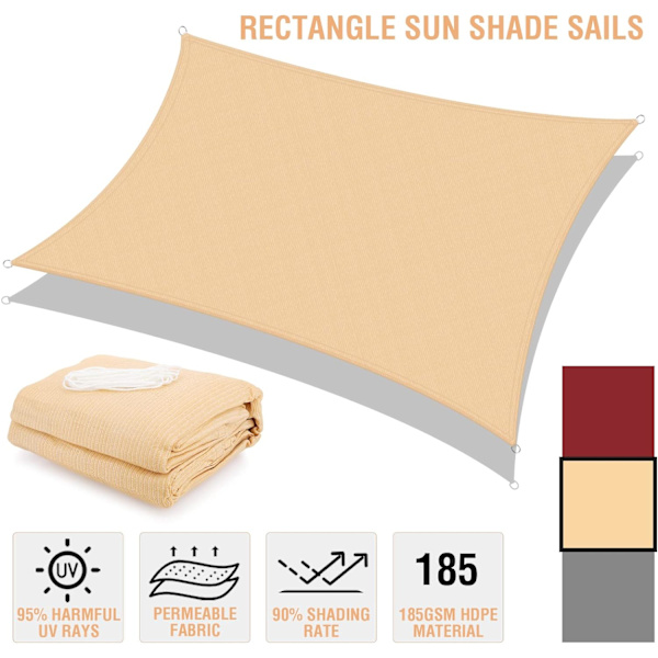 Solsejl Rektangulære solsejl 2x3m UV-beskyttelse 185g/m² HDPE til terrasse udendørs have balkon, sand