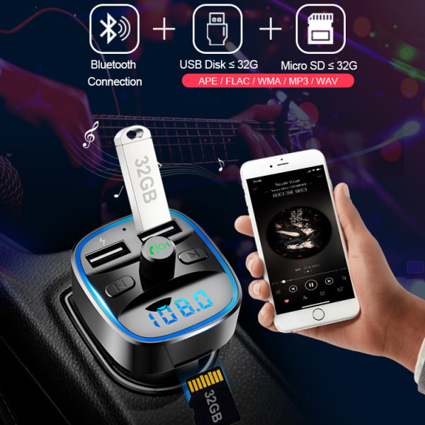 Ett stycke svart Bluetooth FM-sändare för bil, trådlös bilradioadapter i bilmonteringssats, Universal billaddare med dubbel USB laddning, handsfreesamtal
