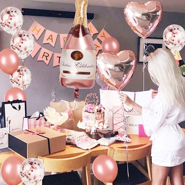 34 st Roséguld Partydekorationer Grattis på födelsedagen Konfettiballonger med Banner, Jätte Champagne Folieballonger, Stjärna Hjärta Folieballonger, Silkespapper Pom