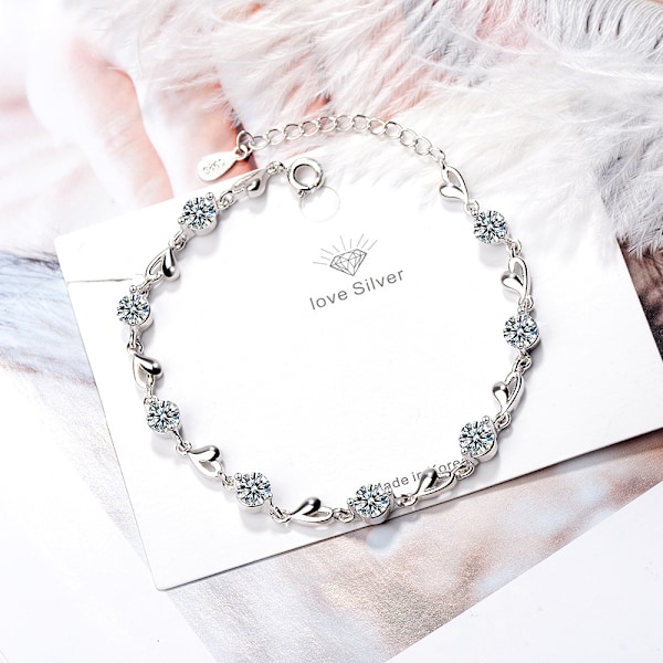 Naisten hopearannekoru sinisellä Love Crystal -sydänrannekorulla naisille, korulahja, joululahja naisille