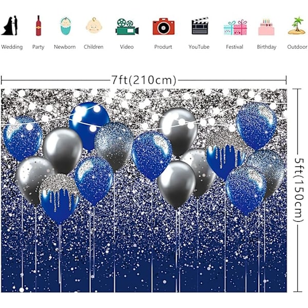 Blå og sølv baggrunde 150x210cm, brugt til Orlando bryllupsbal, fødselsdagsfest fotografering baggrund skinnende sølv grå blå ballon børns