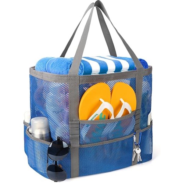 （blå） Mesh strandväska, stor badväska Badväska Vikbar mesh för din familjestrandresa
