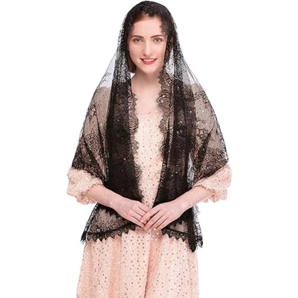Katolicisme Kapel Slør Spansk Blonde Blomstret Mantilla Slør Wrap Sjal Messe Hovedbeklædning Rektangulær Form