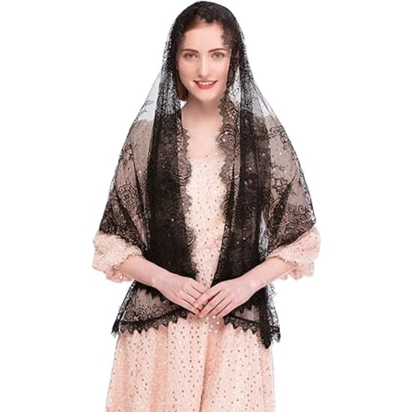 Katolsk Kapellslør Spansk Blonde Blomstret Mantilla Slør Sjal Messe Hodeplagg Rektangulær Form