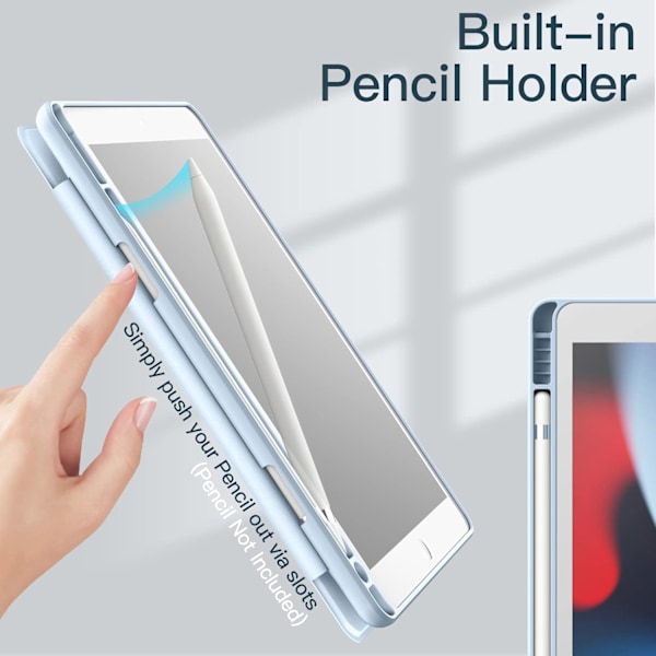 Lyseblåt etui til iPad 10,2 tommer (9./8./7. generation, 2021/2020/2019) med penholder, gennemsigtigt slankt bagcover, stødsikkert stativ til tablet
