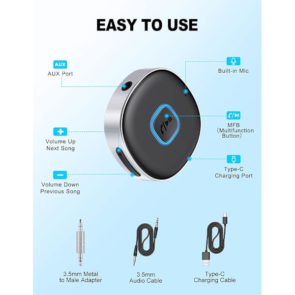 Bil Bluetooth AUX adapter, egnet til hjemme stereoanlæg/højttaler/kablede hovedtelefoner mini Bluetooth modtager, Bluetooth bil adapter AUX, håndfri opkald, dobbelt co