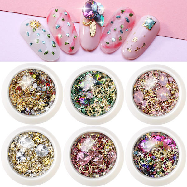 6 Lådor 3D Nagelkonst Strass Blandad Stil Nagelkonst Dekoration Nagelkonst Berlocker Rosblomma Metallnitar Nagelkedja Snäckskivor Diamanter Pärljuveler fo