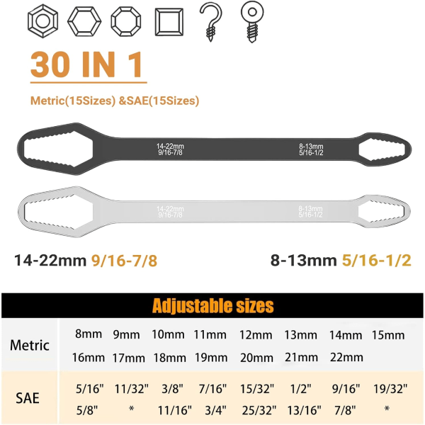 8-22 mm universal , självåtdragande justerbara skiftnyckelverktyg med dubbla ändar (2 st)