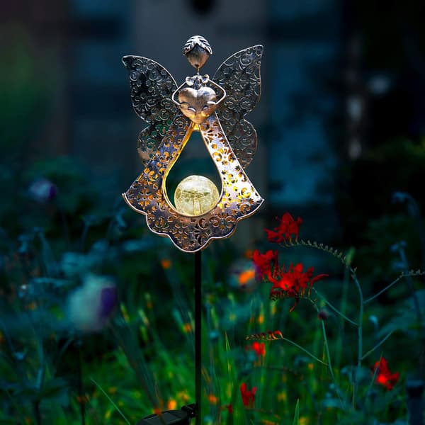 (Angel-Bronze) Solcelle havelys, metal engel, solcelle varm hvid LED, mindegave - Solcelle engel lys perfekt som engel minde
