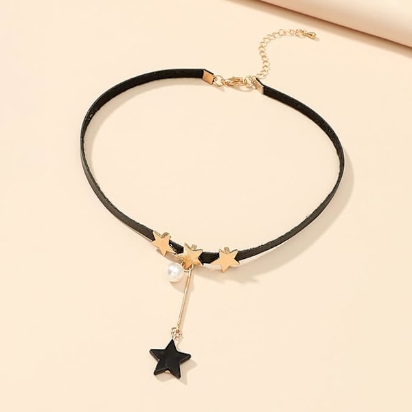 Star Gothic Lær Halskjede, Perle Stjerne Anheng Halskjede, Bohemsk Svart Krage Halskjede, Lykkestjerne Y Halskjede, Smykker for Kvinner og Jenter