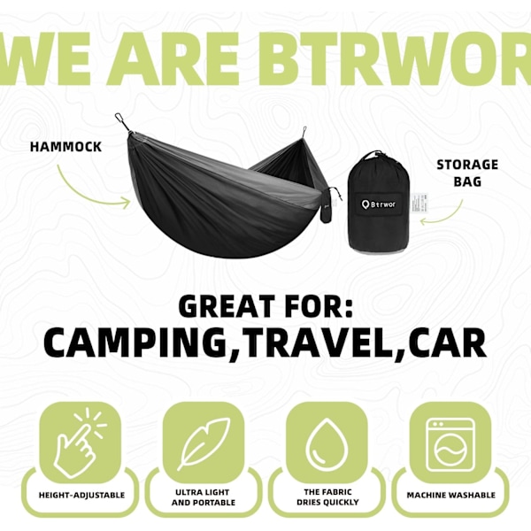 Svart ultralätt resehängmatta för camping | 300 kg belastningskapacitet, snabbtorkande fallskärmsnylon | 2 kvalitetskarbinhakar, ett rep