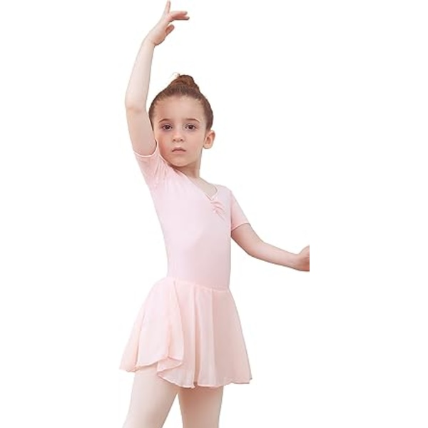 Balletkjole til piger, balletdragt til børn, V-hals, kort/langærmet gymnastikdragt, dansebeklædning med chiffonskørt