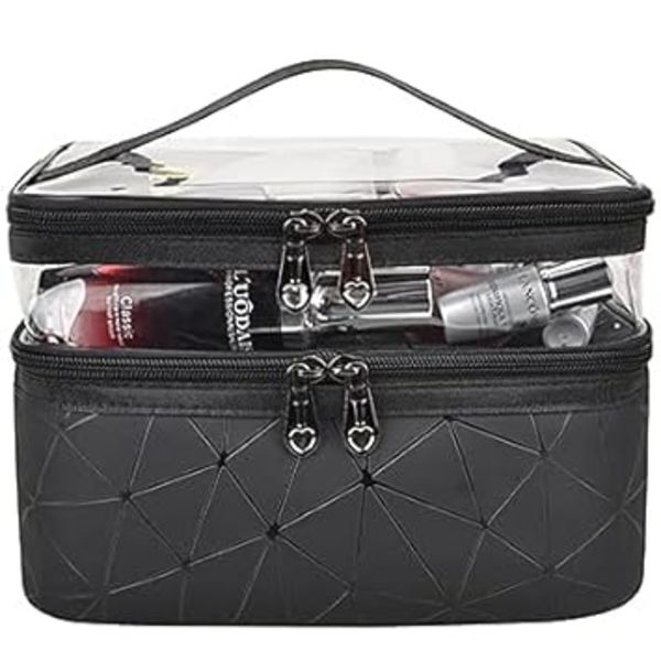 (Sort) Makeup Tasker Dobbelt Lag Rejse Kosmetik Tasker Makeup Organizer Toilet Tasker