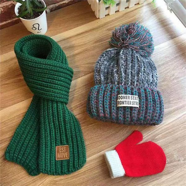 Barn Vinter Varma Mössa Halsduk Set Termisk Stickad Småbarn Enstaka Pompom Mössor Set För 4-12 År Gamla Green