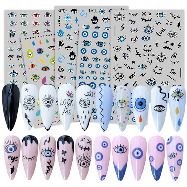 6 ark Självhäftande Turkisk Blå Öga Hamsa Hand Fatima Hand Tecknad Design Manikyr Tips Nageldekoration för Kvinnor Flickor Gåva