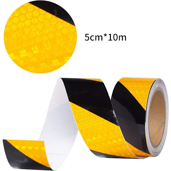 Gul og svart refleksiv tape - 10m x 5cm - Vanntett - Varseltape - Synlig for kjøretøy, tilhengere, utendørs