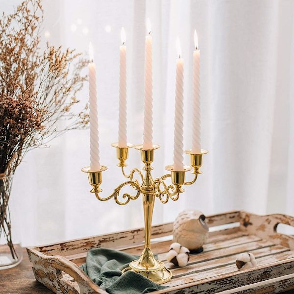Candelabra Guld Ljusstakar 5 Metallarmar Ljusstakar 27cm Hög Spetsig Ljusstake för Bröllop Födelsedagsfest Matbord Vardagsrum Kamin
