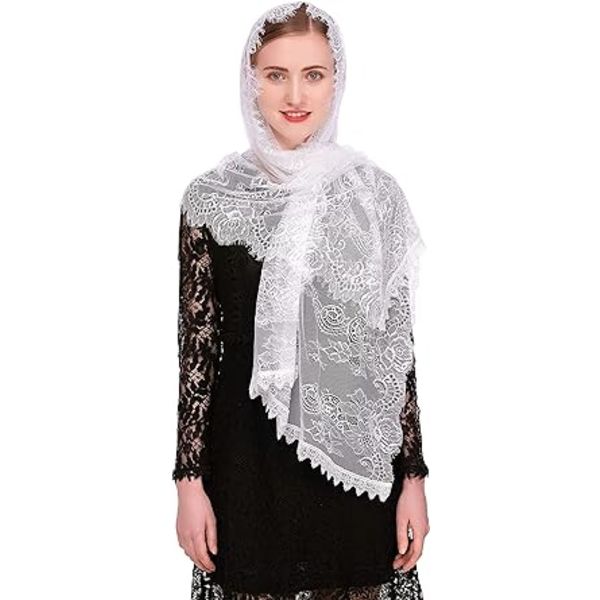(Hvit) Katolsk Kapellslør Spansk Blonde Blomstret Mantilla Slør Sjal Messe Hodeplagg Rektangulær Form