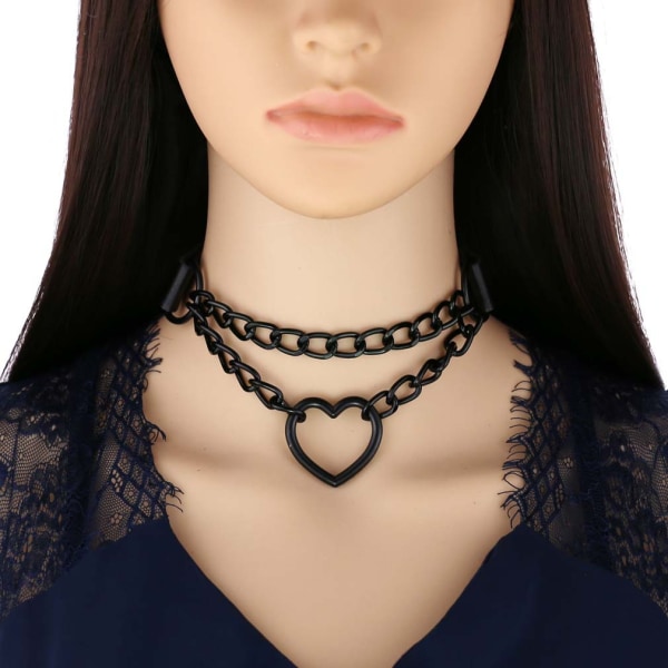 PU Läder Peach Heart Punk Halsband (svart), Hjärtformad Charm Halsband med justerbar krage, Kedjehalsband