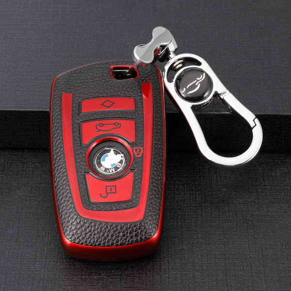 För BMW-nyckelring med lädernyckelring, avancerad mjuk TPU-yta lädernyckelhållare för klassisk stil BMW Smart Key (röd)