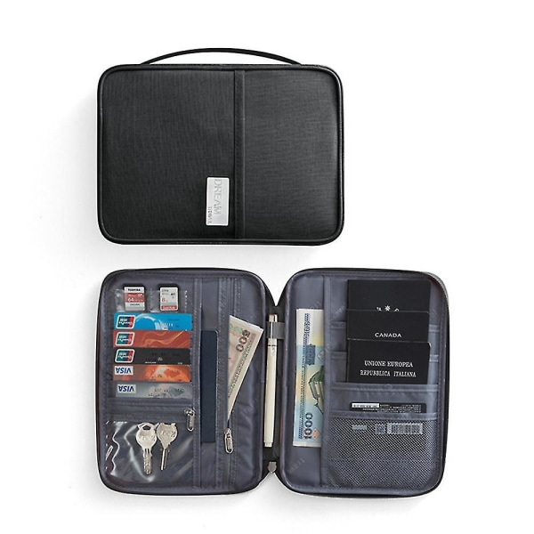 Familjeresorplånbok Passhållare Dokumentkortspåse Organizer Black 21.5cm x 12.5cm