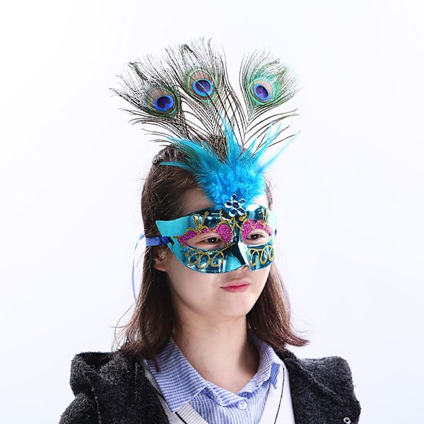 Enkelt stykke af 3 stykker hul hale blå påfuglefjer maskebal maske halv ansigt børnelegetøj bod engros venetiansk guld pulver fjer hul hale maske