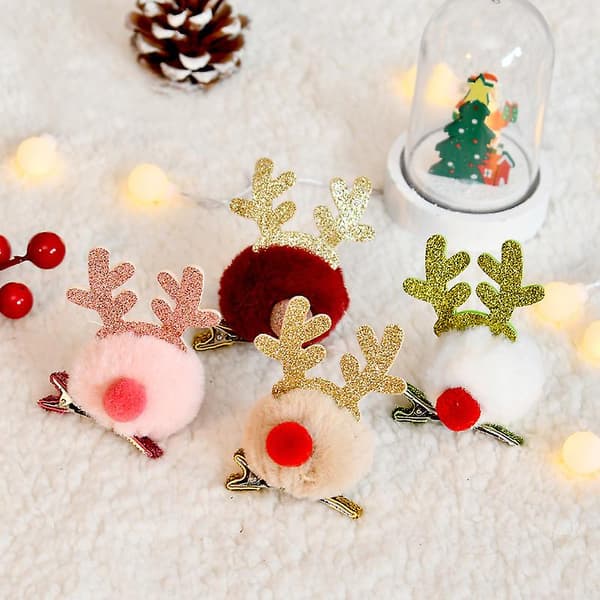 2 st flickande glitter ren med röd näsa hårklämma Red