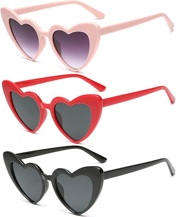 3 stk. hjerteformede solbriller pink, sort, rød til kvinders retro cat eye solbriller til kvinders farvede kærlighedsbriller