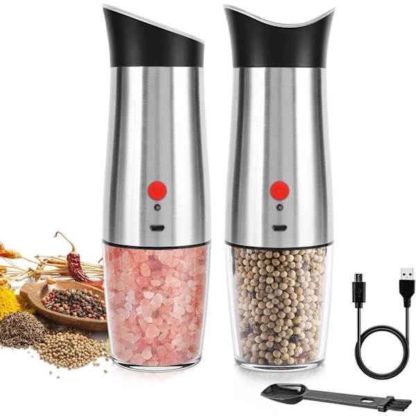 Elektrisk Salt- og Pepperkvern Oppladbar: - USB Automatisk Gravitasjons Pepperkvernsett, Justerbar Grovhet Gjenfyllbar Auto Pepperkorn Sh