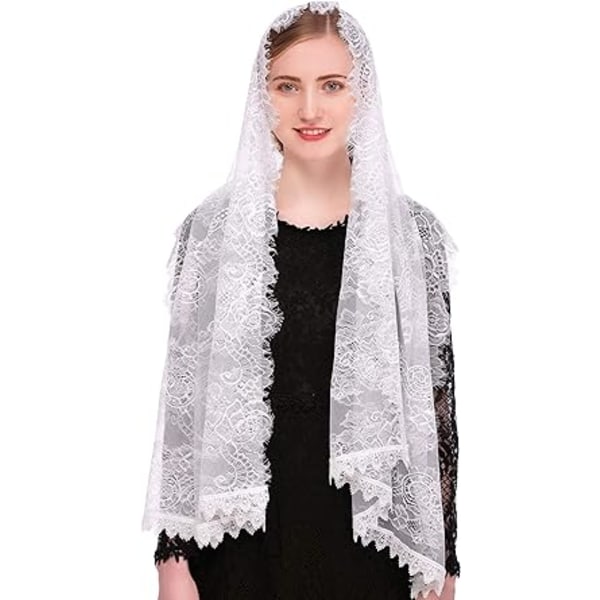 (Hvit) Katolsk Kapellslør Spansk Blonde Blomstret Mantilla Slør Sjal Messe Hodeplagg Rektangulær Form