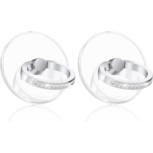 Set med 2 genomskinliga runda mobiltelefonringar (silver) med diamanter, 360 graders rotation, glitter genomskinlig mobiltelefonhållare